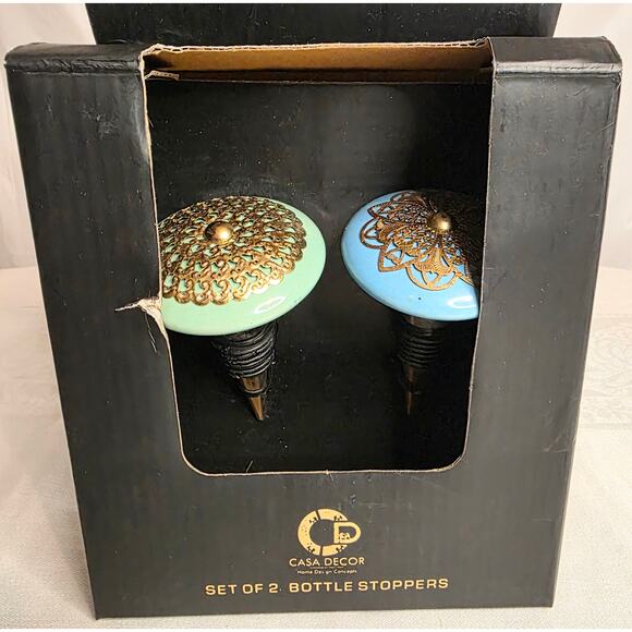 Casa Decor 2 Bottle Stoppers New in Box 1 Blue 1 Green Ceramic w/Gold Filigris - Picture 1 of 4